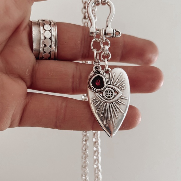 Aztec Mystical Heart Shackle Necklace - chunky silver chain evil eye pendant - Picture 2 of 3